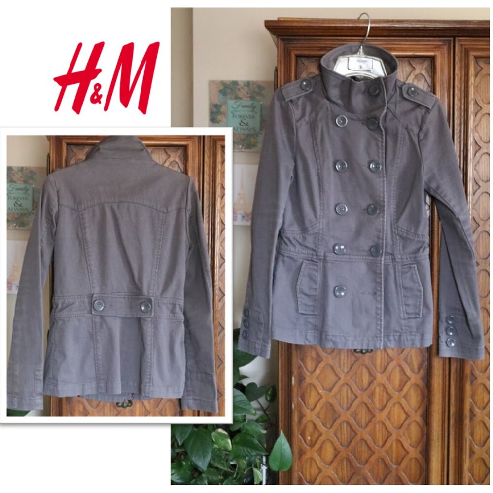 Divided by H&M Double-Breasted Twill Denim Military Jacket Coat - Gray, Size 8